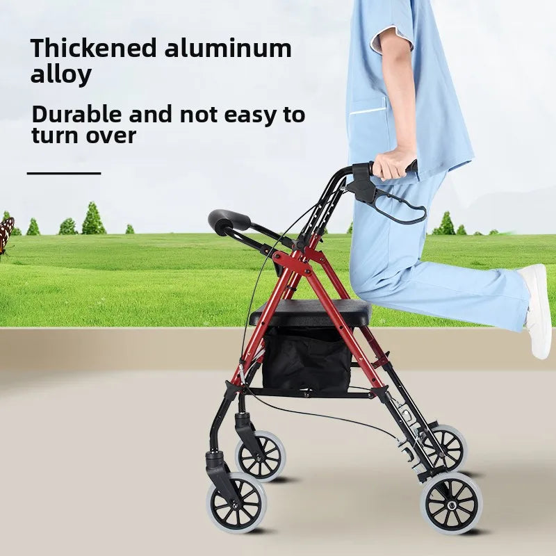 Four Wheel Rollator Walkers for Elderly Heavy Duty Rollator Walker for 450 Lbs, Lightweight Folding Walking Stick with Seat