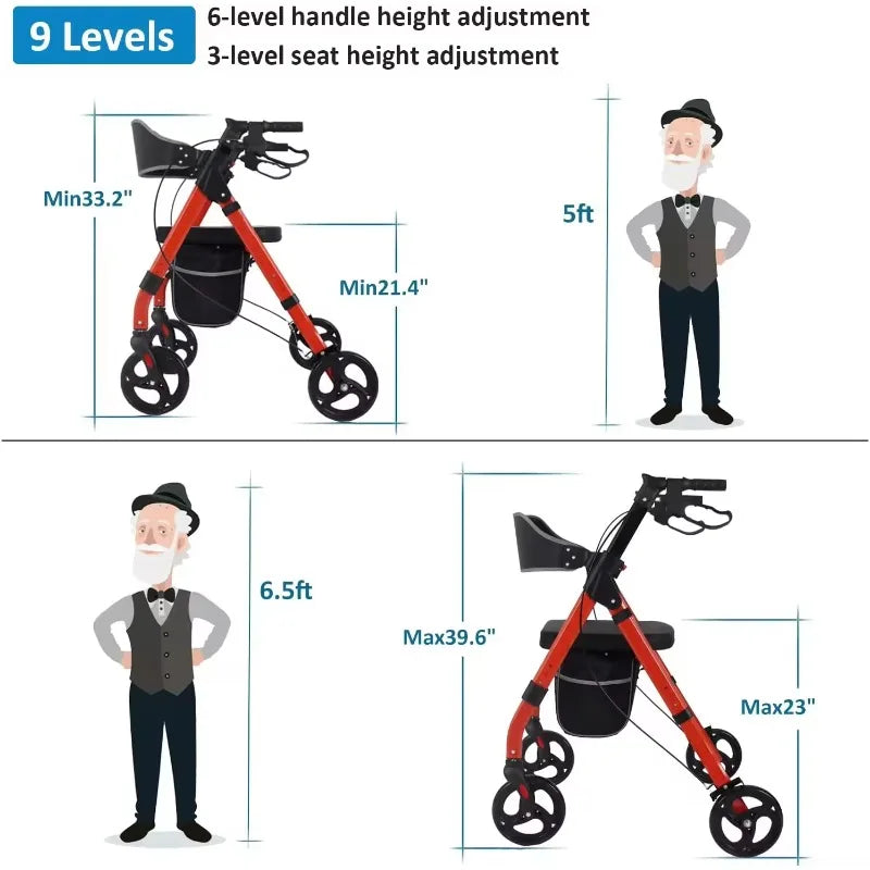 Height Adjustable Elder Walk Assistant Shopping Using Folding Walker Rollator with Seat
