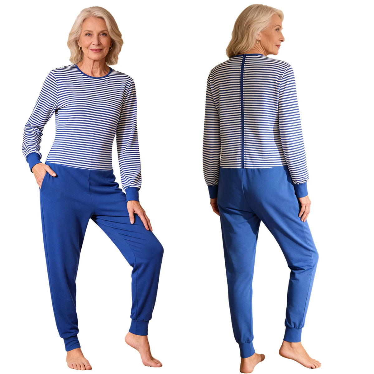 Adult Elderly Alzheimer Nursing Striped Jumpsuit Long Sleeves Zipper Anti-strip One-piece for Special Needs Caring Disabilities