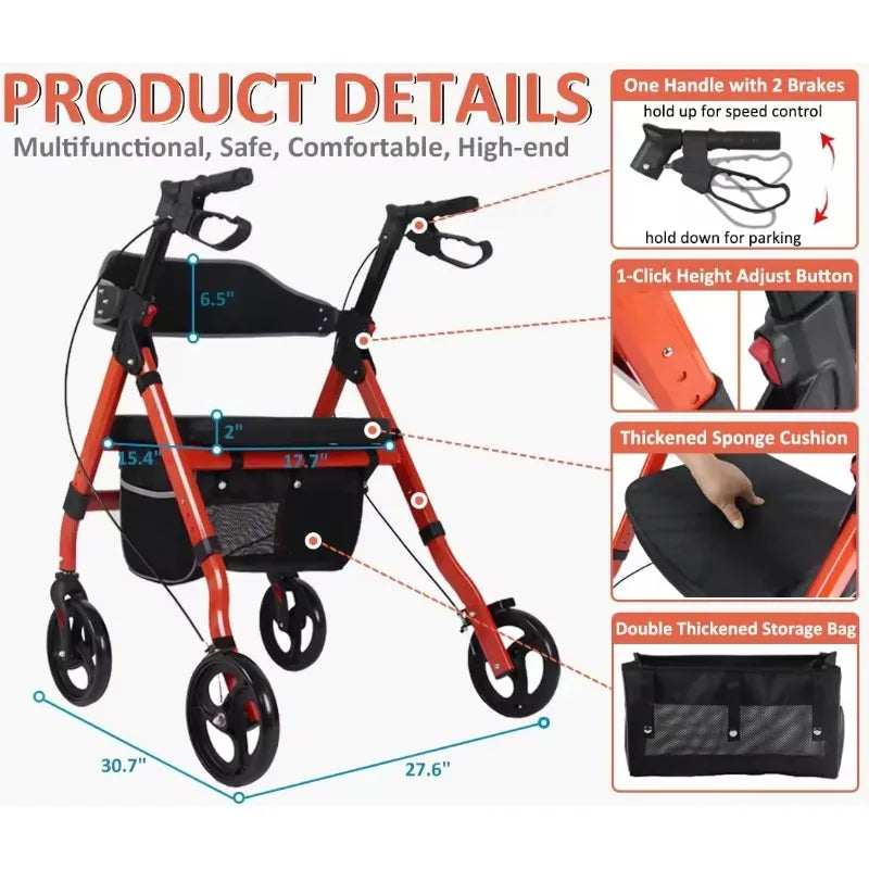 Height Adjustable Elder Walk Assistant Shopping Using Folding Walker Rollator with Seat