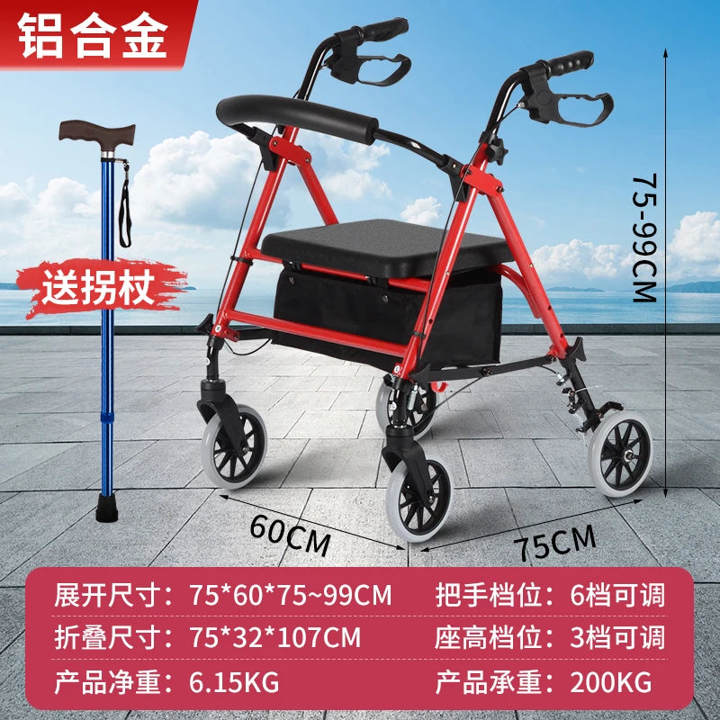 Four Wheel Rollator Walkers for Elderly Heavy Duty Rollator Walker for 450 Lbs, Lightweight Folding Walking Stick with Seat