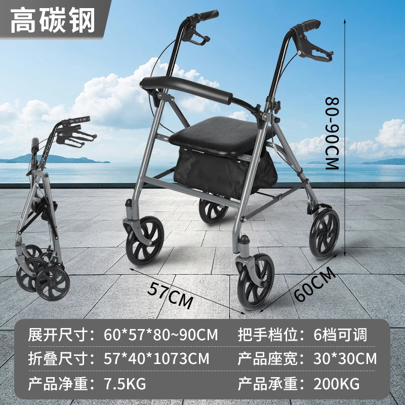 Four Wheel Rollator Walkers for Elderly Heavy Duty Rollator Walker for 450 Lbs, Lightweight Folding Walking Stick with Seat