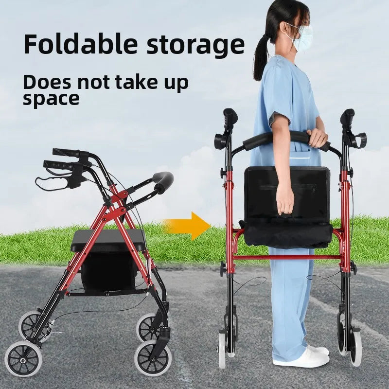Four Wheel Rollator Walkers for Elderly Heavy Duty Rollator Walker for 450 Lbs, Lightweight Folding Walking Stick with Seat