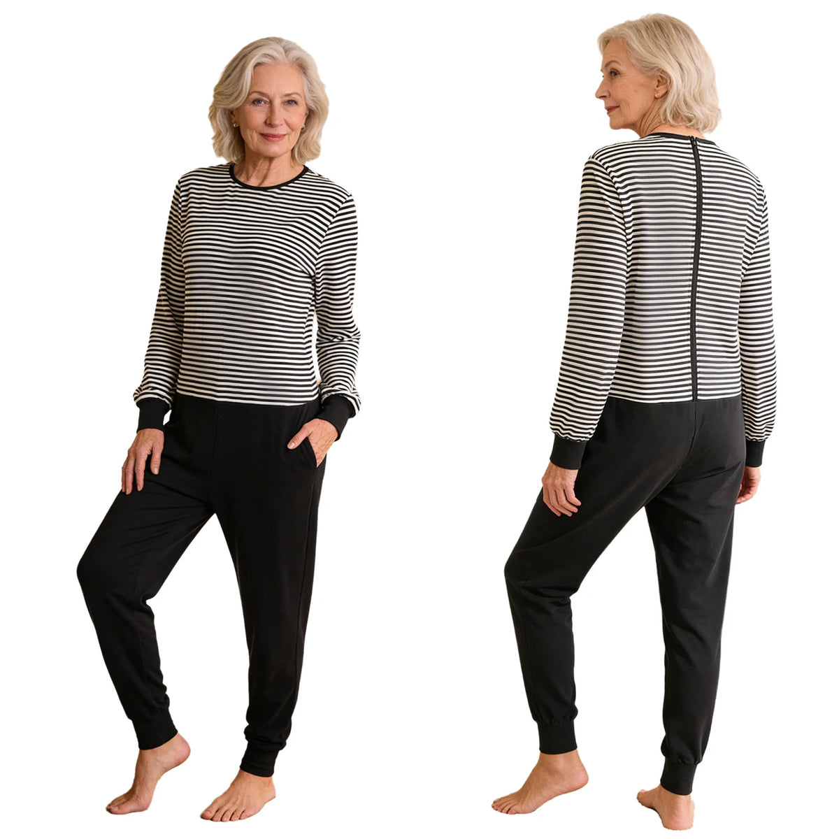 Adult Elderly Alzheimer Nursing Striped Jumpsuit Long Sleeves Zipper Anti-strip One-piece for Special Needs Caring Disabilities