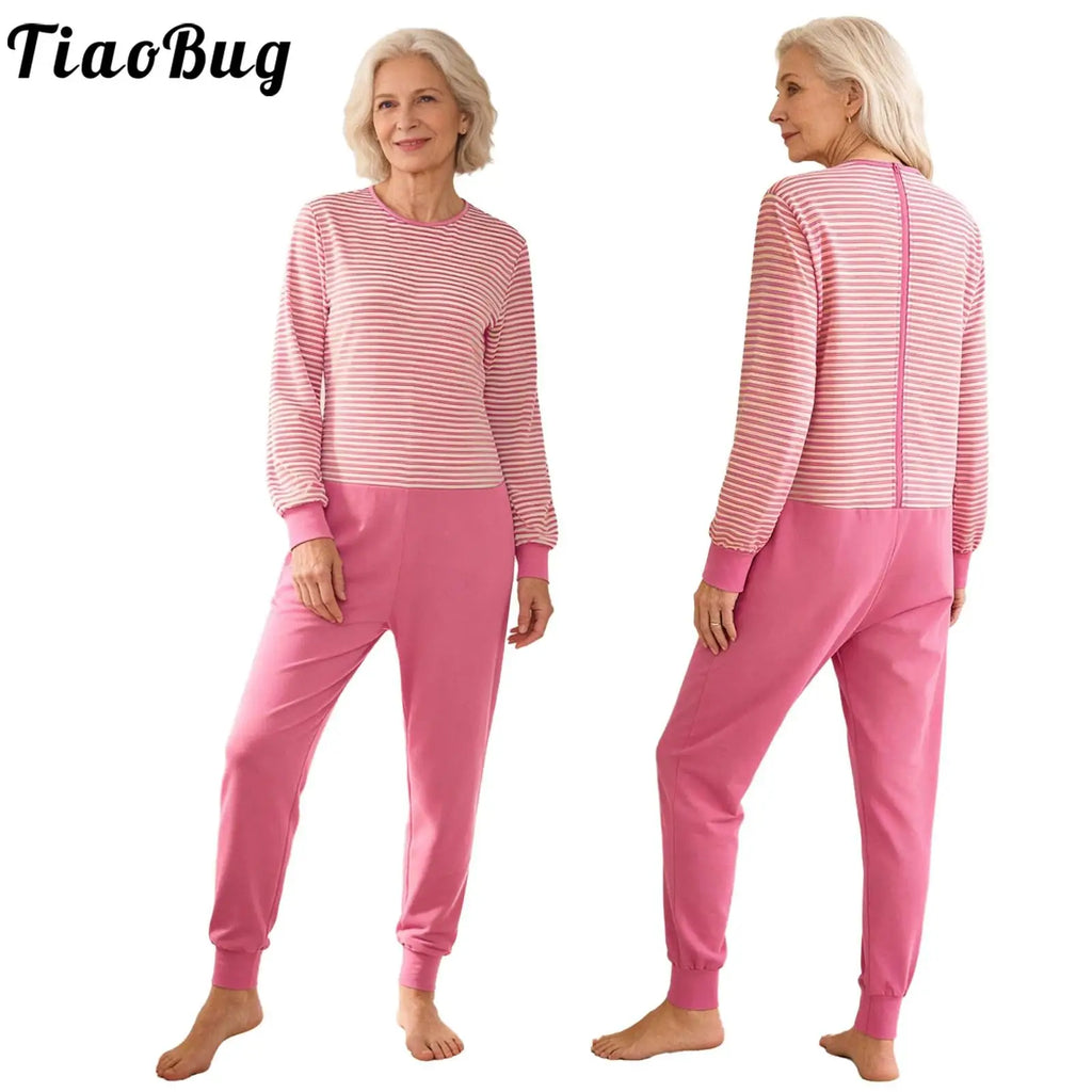 Adult Elderly Alzheimer Nursing Striped Jumpsuit Long Sleeves Zipper Anti-strip One-piece for Special Needs Caring Disabilities