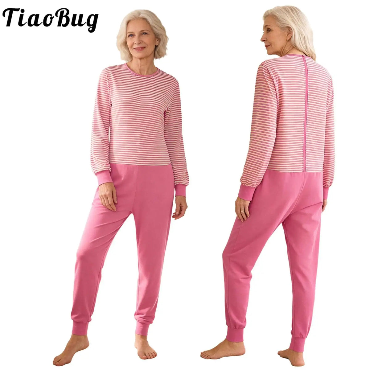Adult Elderly Alzheimer Nursing Striped Jumpsuit Long Sleeves Zipper Anti-strip One-piece for Special Needs Caring Disabilities