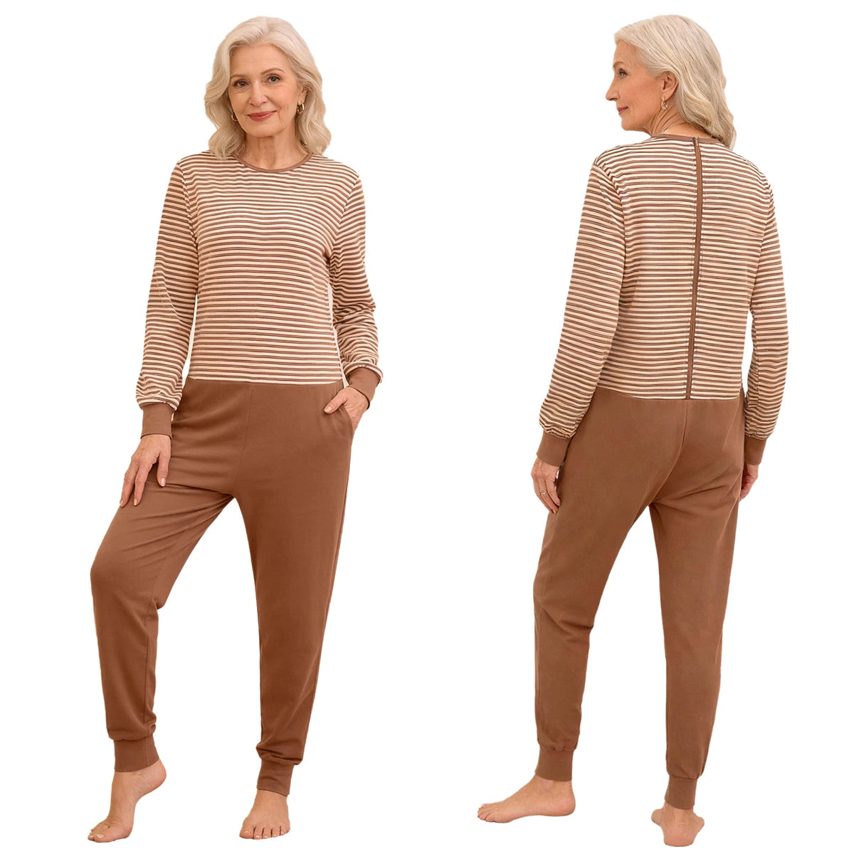 Adult Elderly Alzheimer Nursing Striped Jumpsuit Long Sleeves Zipper Anti-strip One-piece for Special Needs Caring Disabilities