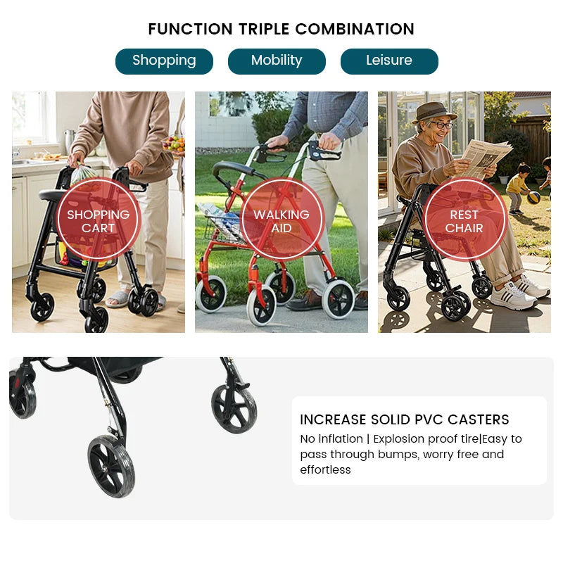 Outdoor Use Lightweight Foldable Four Wheeled Rollator Walker One Second Folding Durable Mobility Aid For Elderly