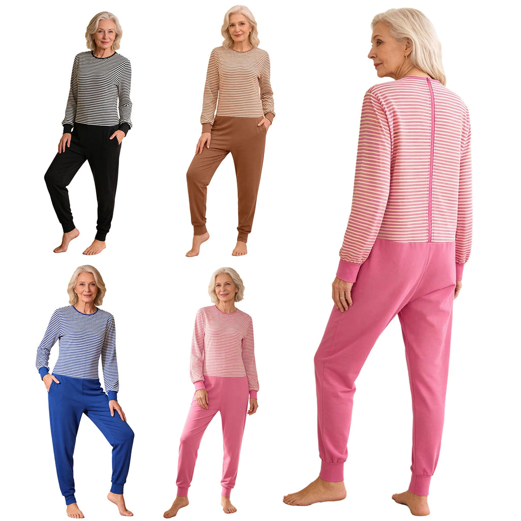 Adult Elderly Alzheimer Nursing Striped Jumpsuit Long Sleeves Zipper Anti-strip One-piece for Special Needs Caring Disabilities