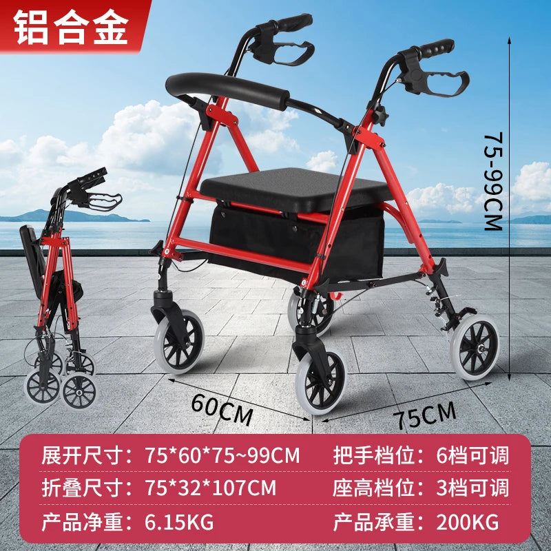 Four Wheel Rollator Walkers for Elderly Heavy Duty Rollator Walker for 450 Lbs, Lightweight Folding Walking Stick with Seat