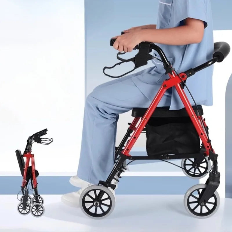 Four Wheel Rollator Walkers for Elderly Heavy Duty Rollator Walker for 450 Lbs, Lightweight Folding Walking Stick with Seat