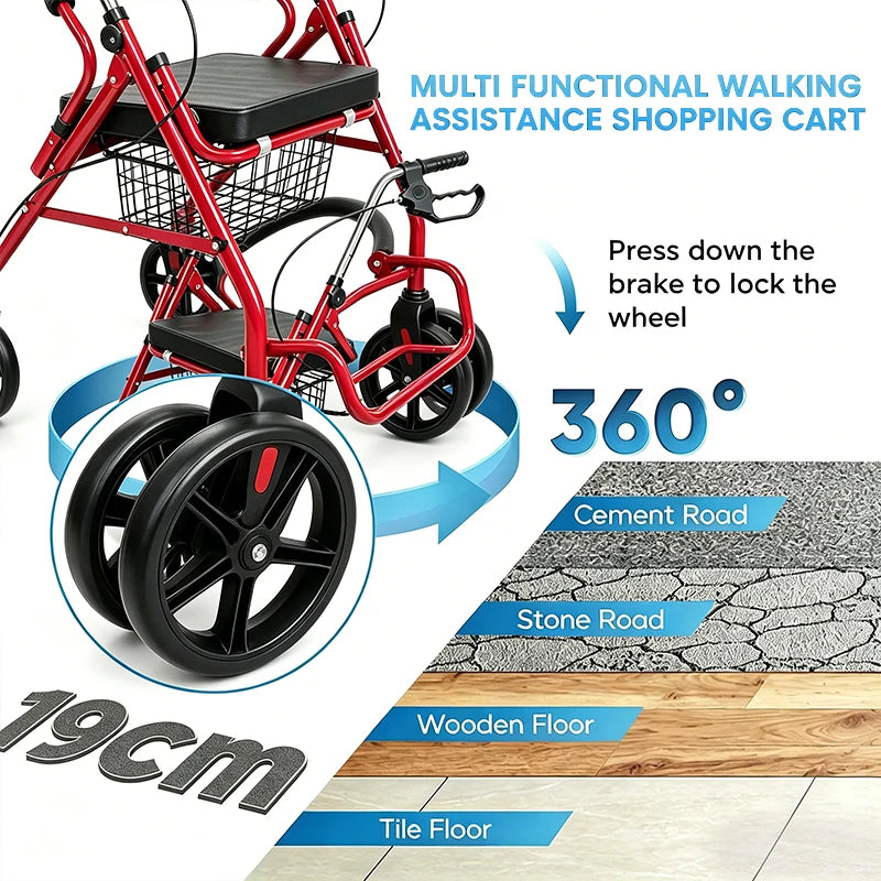 Outdoor Use Lightweight Foldable Four Wheeled Rollator Walker One Second Folding Durable Mobility Aid For Elderly