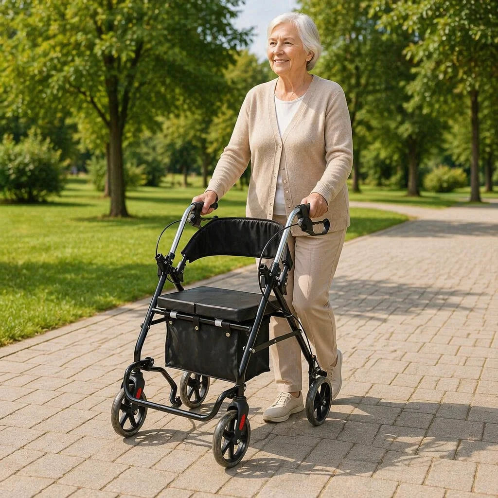 Outdoor Use Lightweight Foldable Four Wheeled Rollator Walker One Second Folding Durable Mobility Aid For Elderly