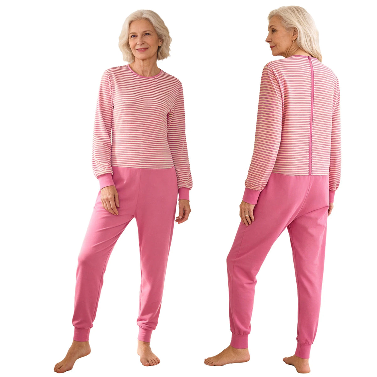 Adult Elderly Alzheimer Nursing Striped Jumpsuit Long Sleeves Zipper Anti-strip One-piece for Special Needs Caring Disabilities